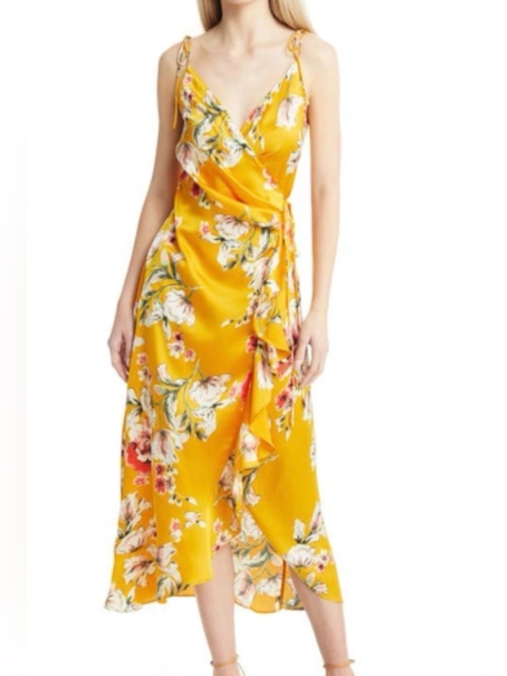 ASTR the Label Floral Satin Wrap Midi Dress Sz M Yellow Floral Ruffle Hemline